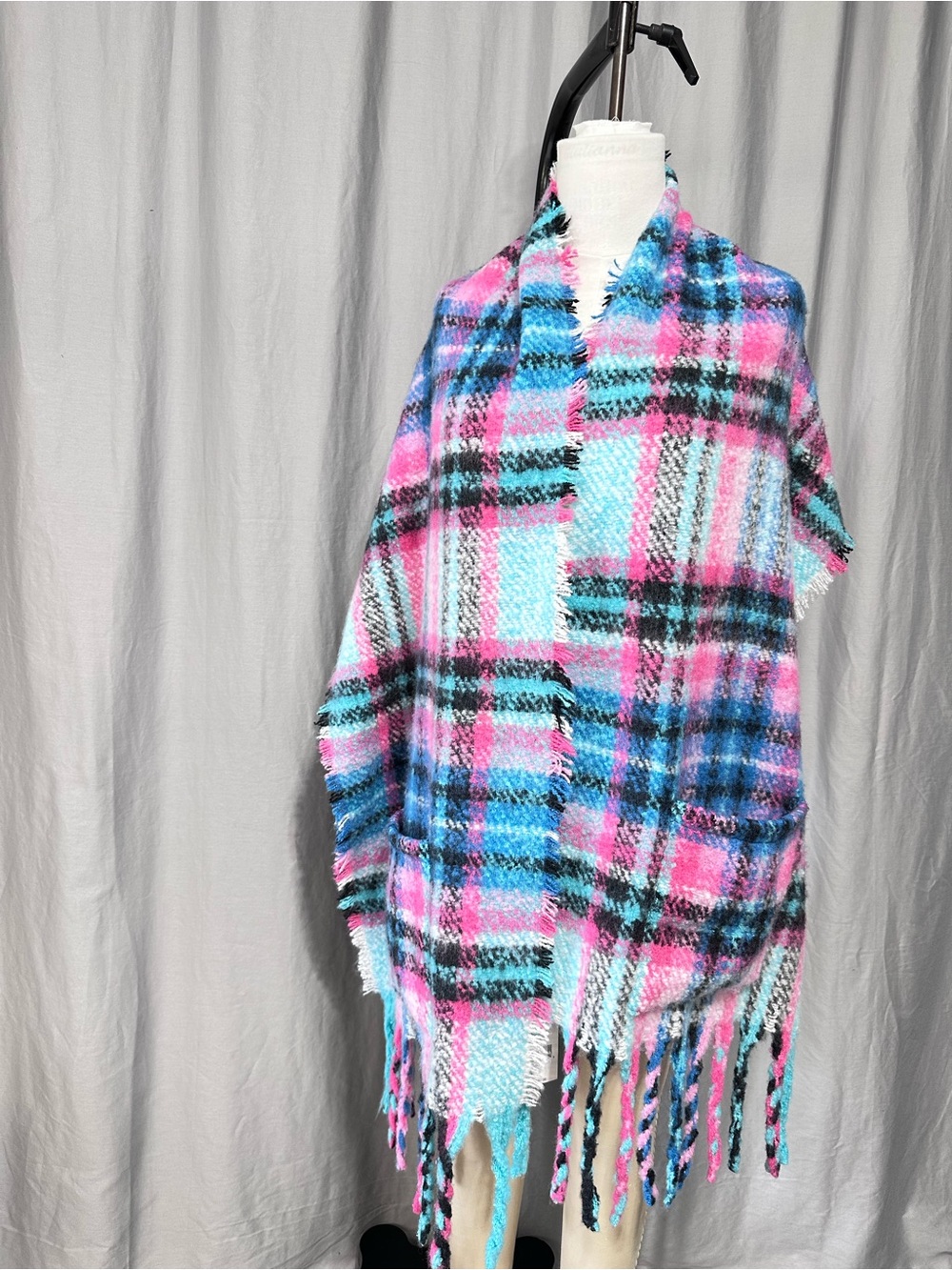 Checked Fringe Poncho Wrap in Pink & Blue Betsey Johnson Plaid Scarf Check Patte